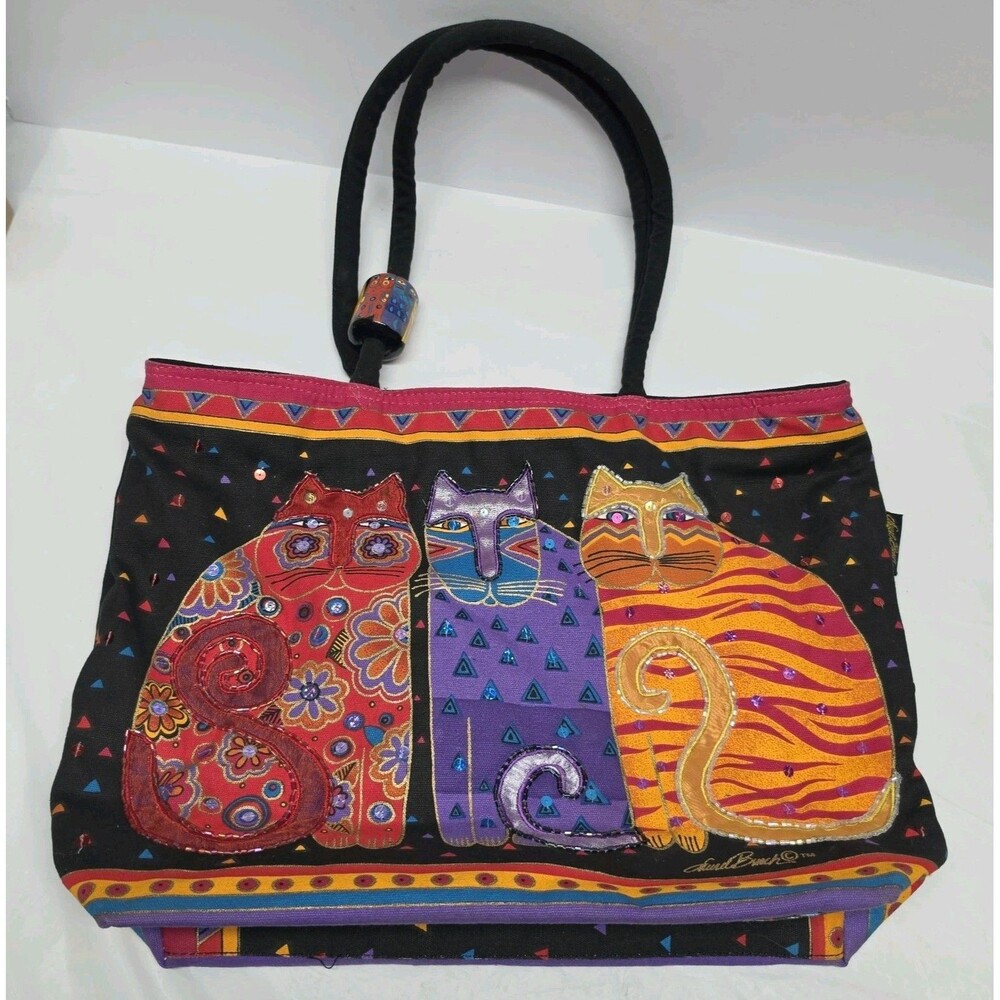 Laurel Burch Three Feline Friends Extra Large Tote Cat Lady Artsy Zipper Handbag